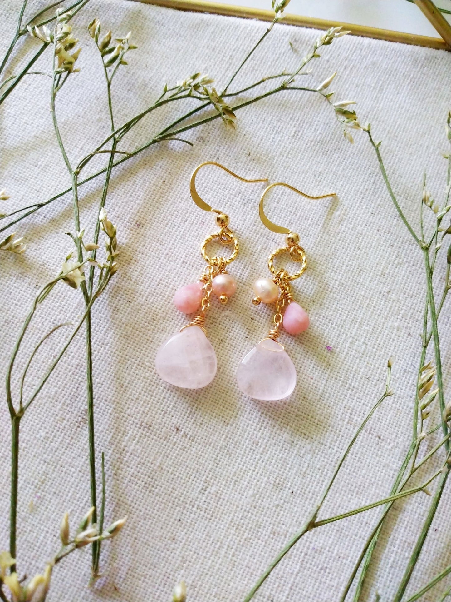 Flirty Pink Opal Rose Quartz Pearl Gold Filled Earrings E140148
