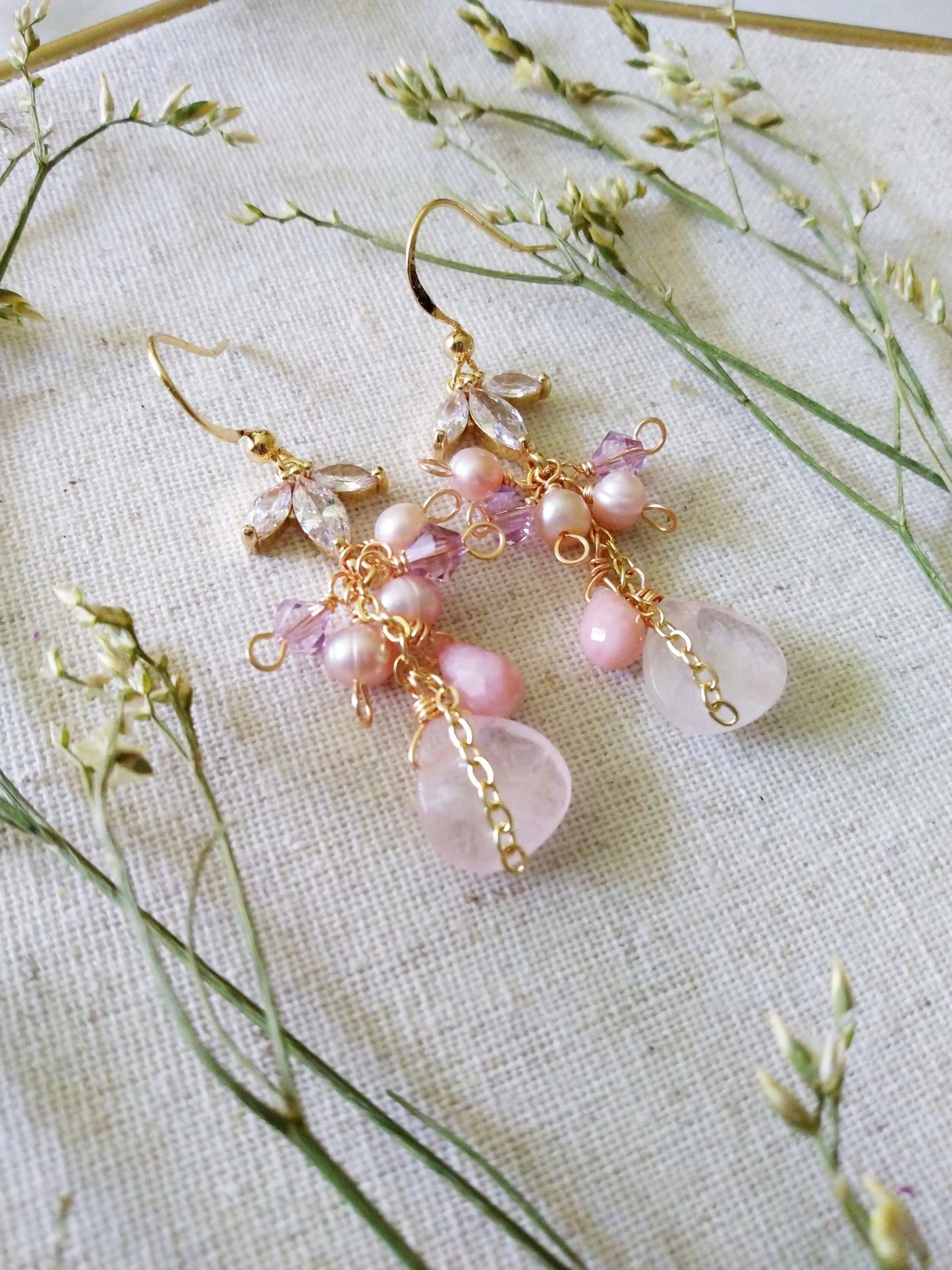 Unique Pink Opal Rose Quartz Freshwater Pearl Gold Filled Earrings E140146