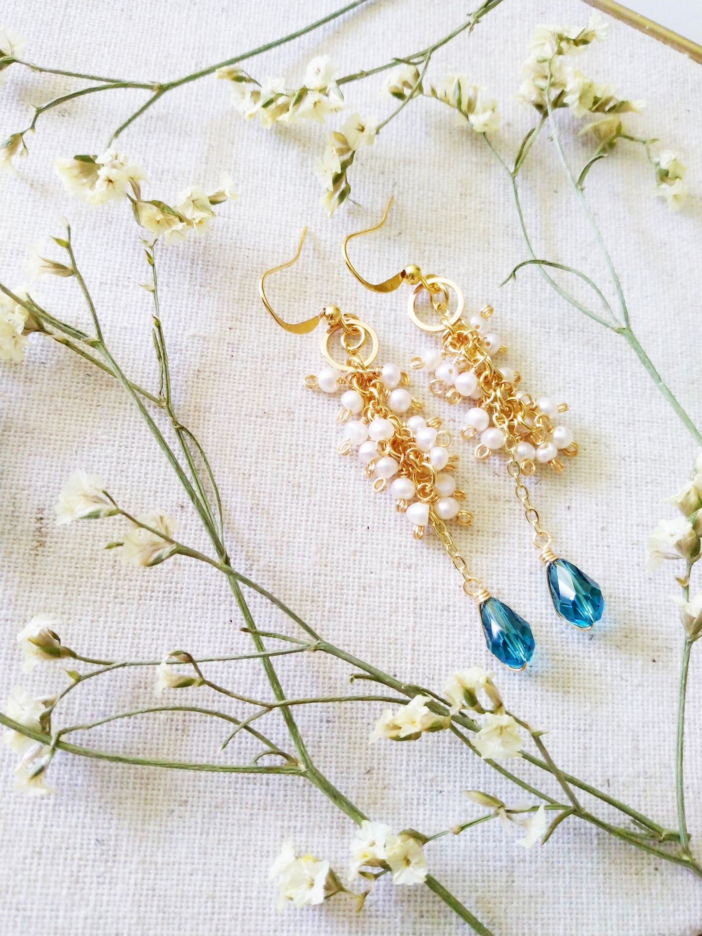 Bridal Pearl Cluster Something Blue Gold Filled Earrings E140135