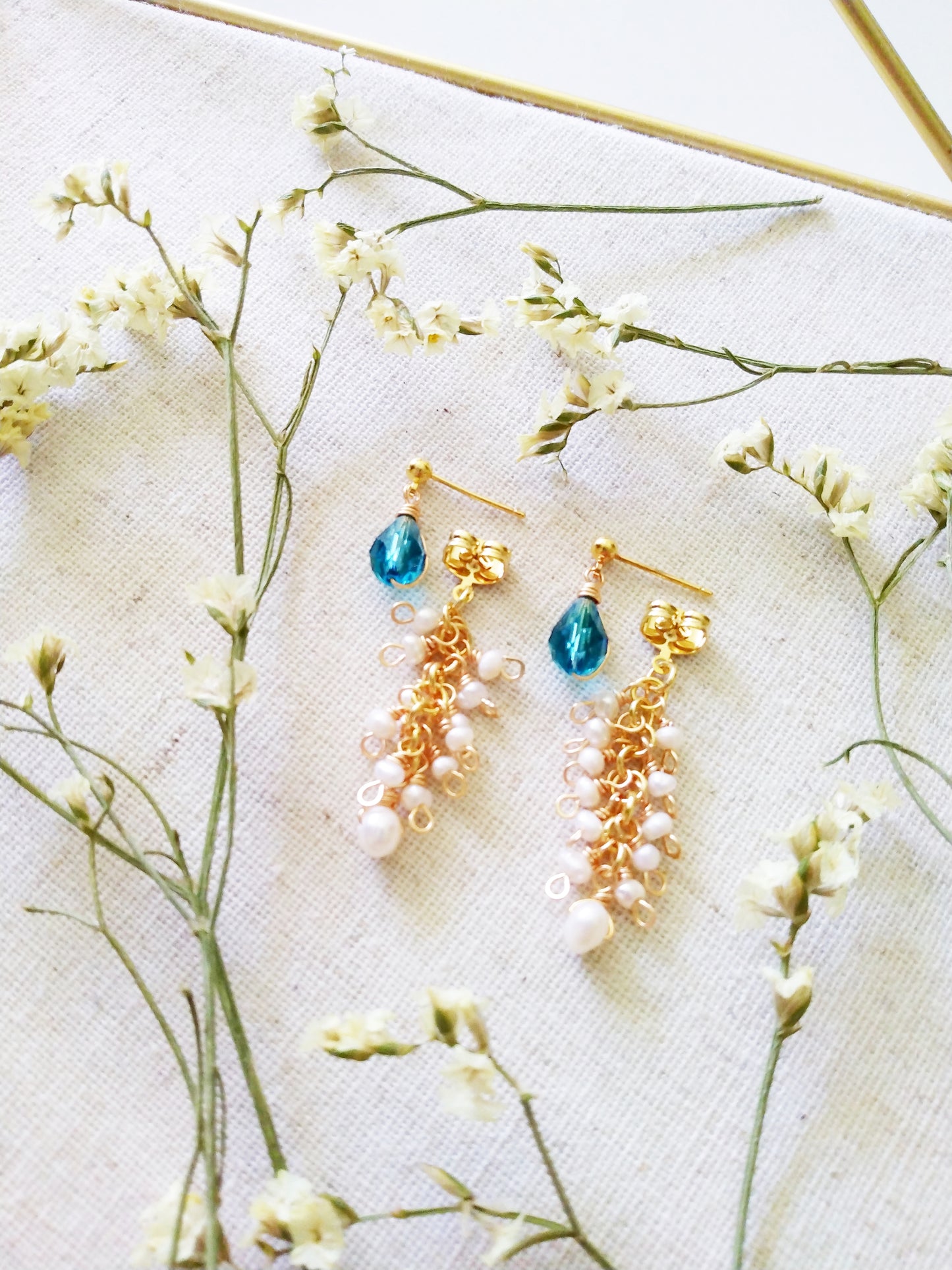 Two Way Bridal Wedding Blue Crystal Pearl Cluster Gold Filled Earrings E140138