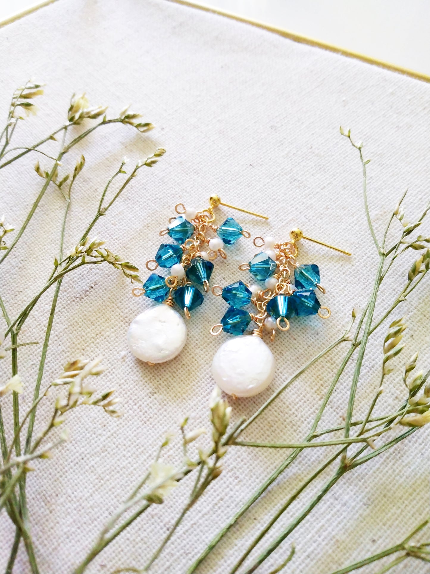 Beach Wedding Blue Crystal and Baroque Pearl Gold Filled Earrings E140137