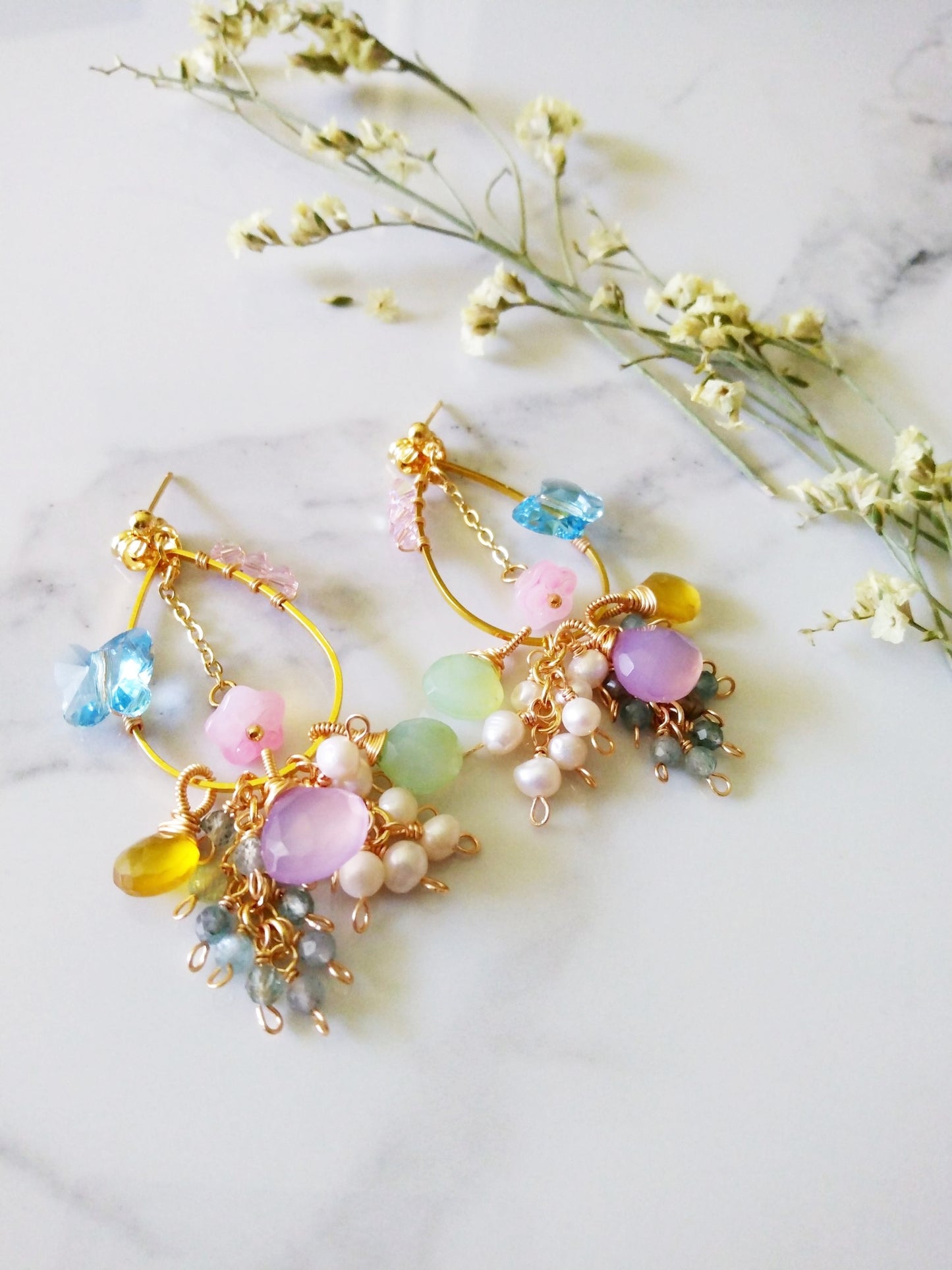 Semi Precious Gemstones Multi Cluster Butterfly Gold Filled Earrings E140160