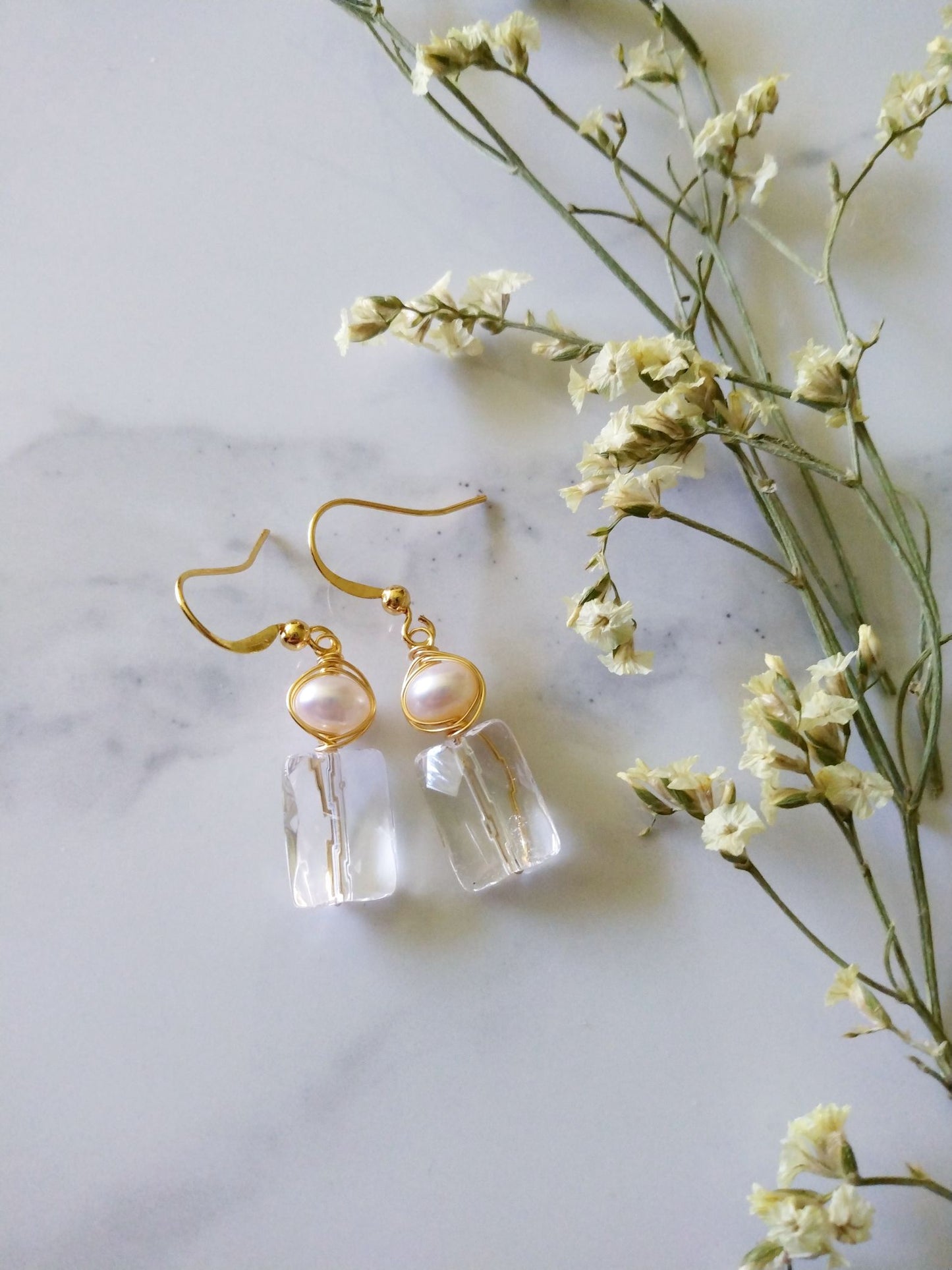 Art Deco Inspired Quartz and Pearl Gold Filled Earrings E140124