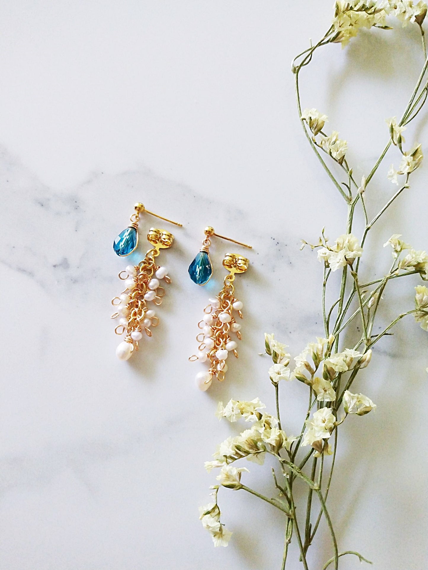 Two Way Bridal Wedding Blue Crystal Pearl Cluster Gold Filled Earrings E140138