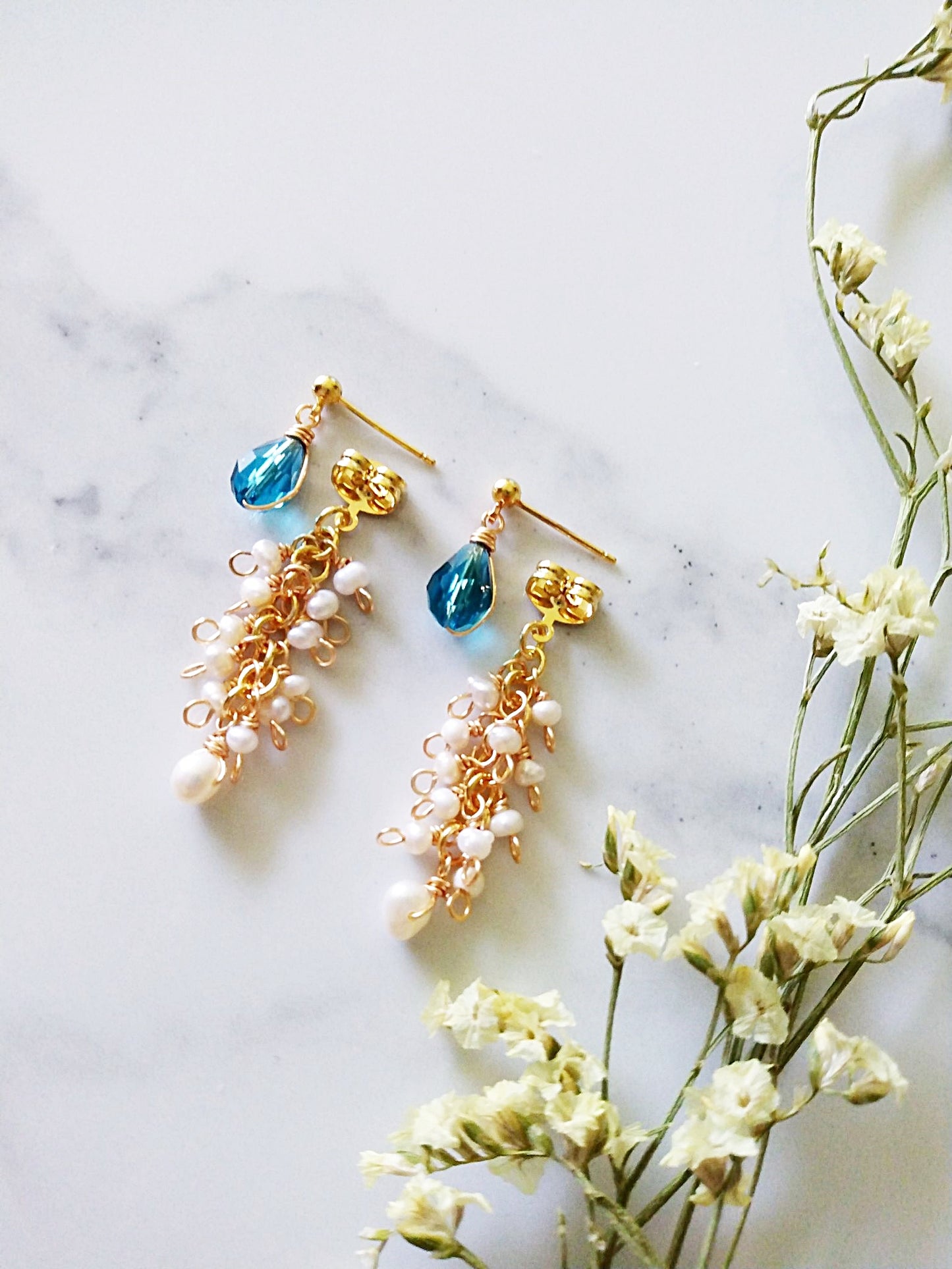 Two Way Bridal Wedding Blue Crystal Pearl Cluster Gold Filled Earrings E140138