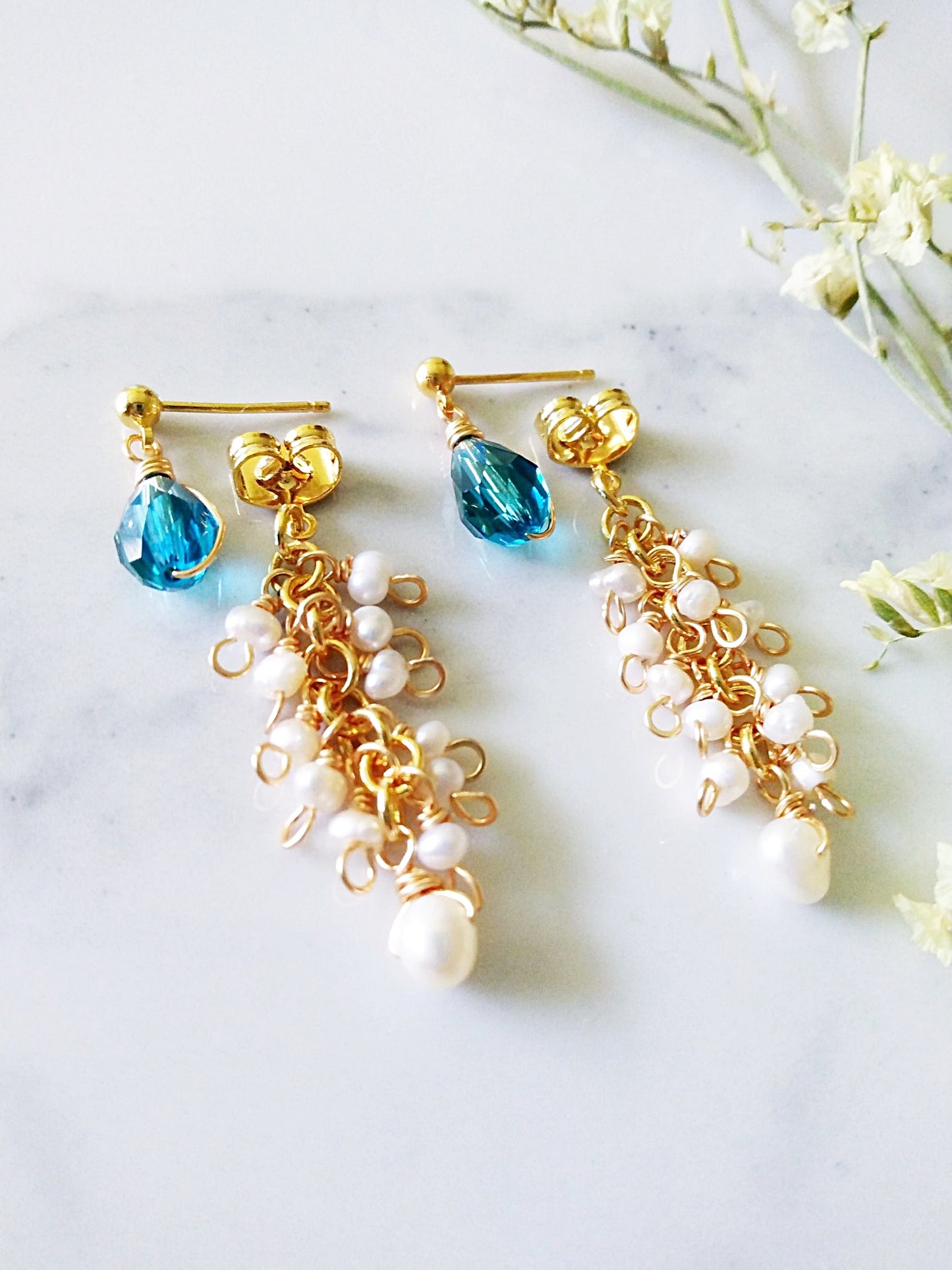 Two Way Bridal Wedding Blue Crystal Pearl Cluster Gold Filled Earrings E140138