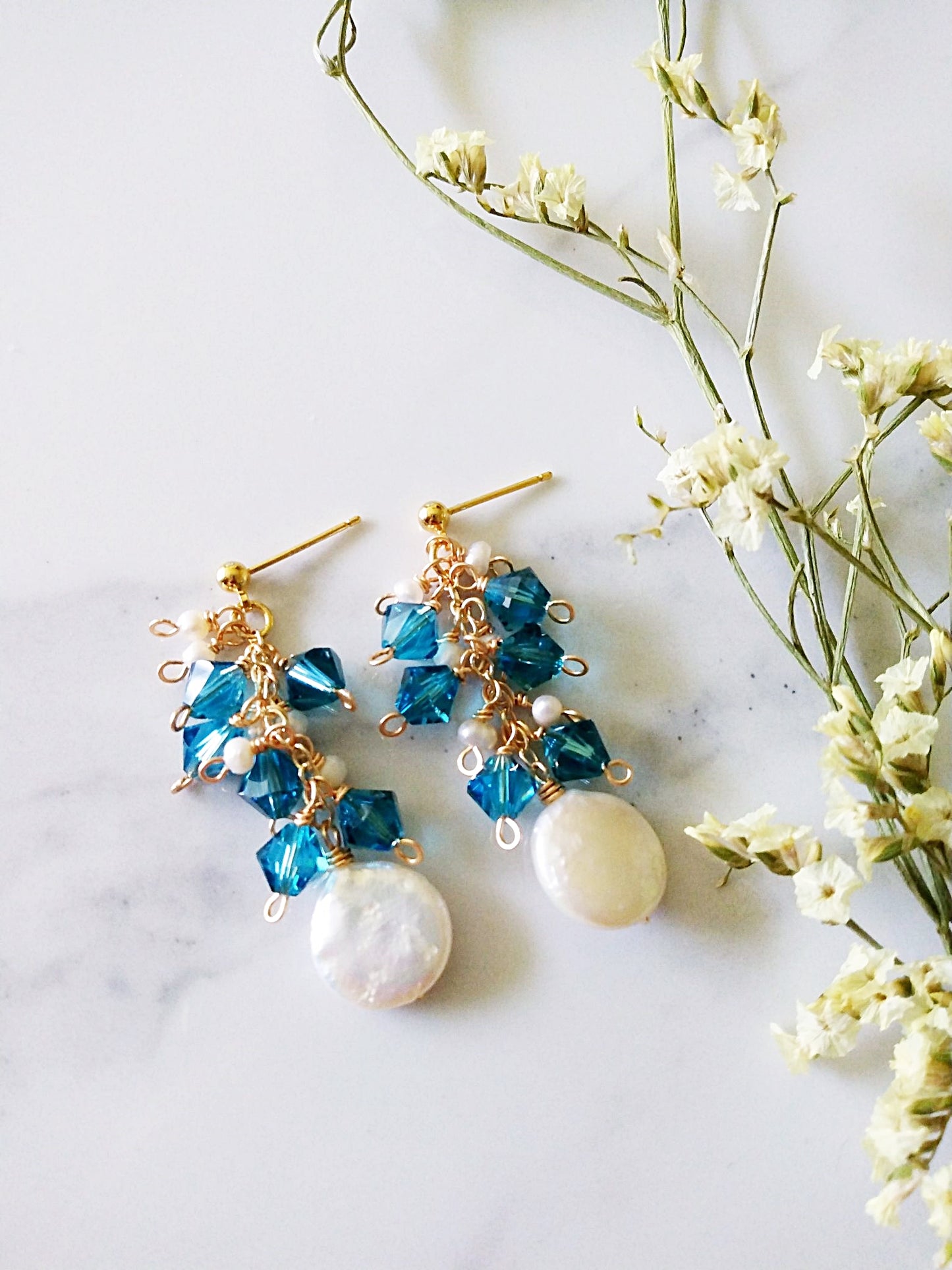 Beach Wedding Blue Crystal and Baroque Pearl Gold Filled Earrings E140137