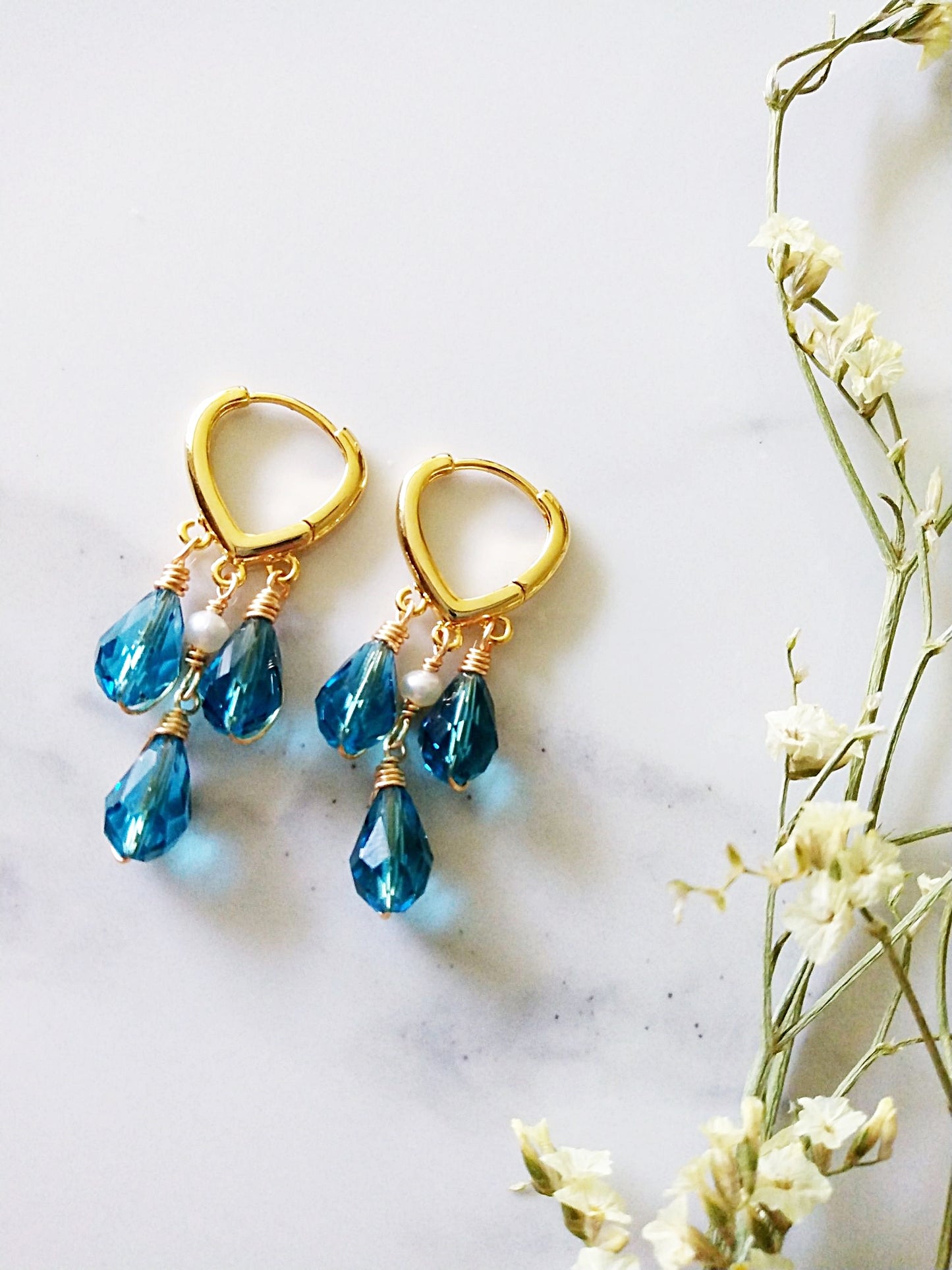 Something Blue Austrian Crystal Teardrop Dangle Gold Huggie Earrings E140136