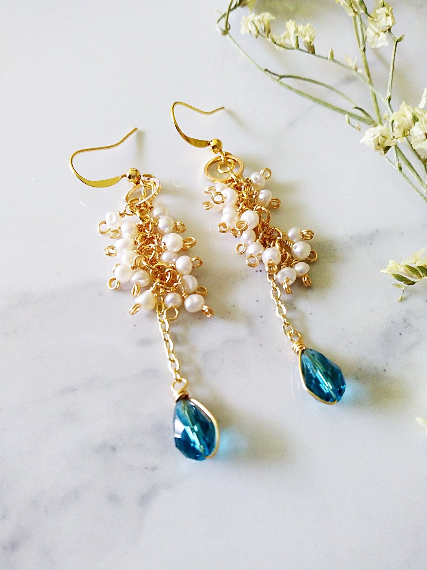 Bridal Pearl Cluster Something Blue Gold Filled Earrings E140135