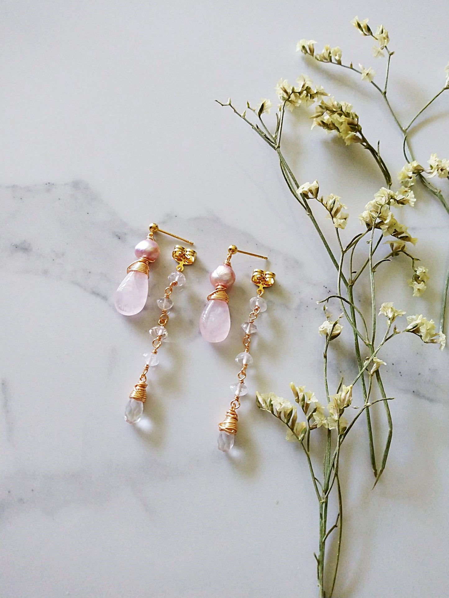 Two Ways Rose Quartz Dangle Gold Filled Earrings E140147