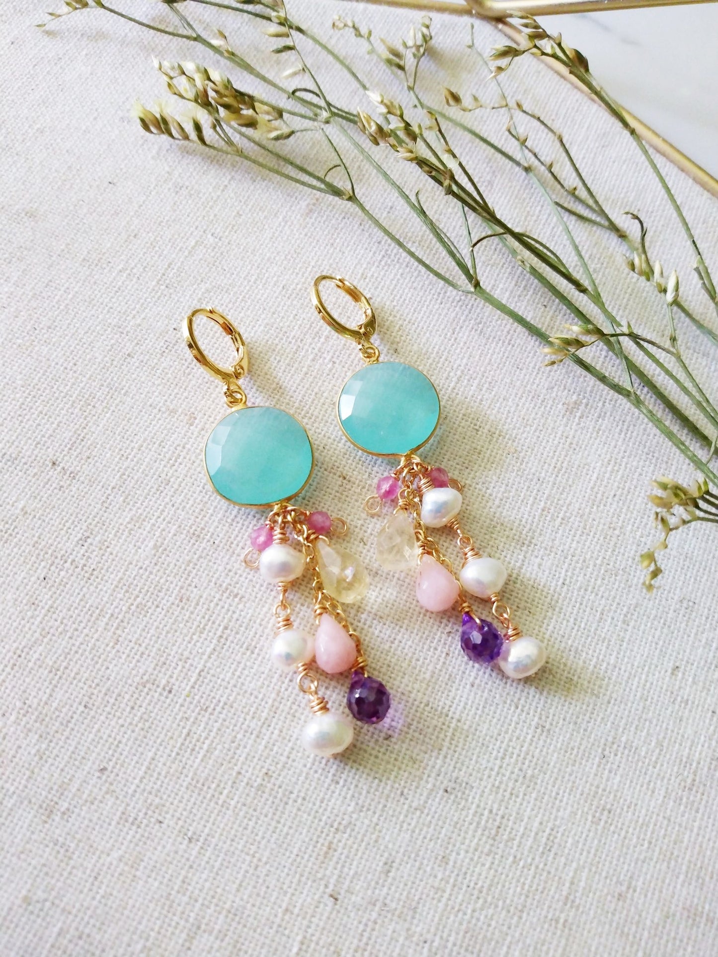 Blue Chalcedony Baroque Pearl Pink Opal Amethyst Tourmaline Gold Filled Earrings E140171