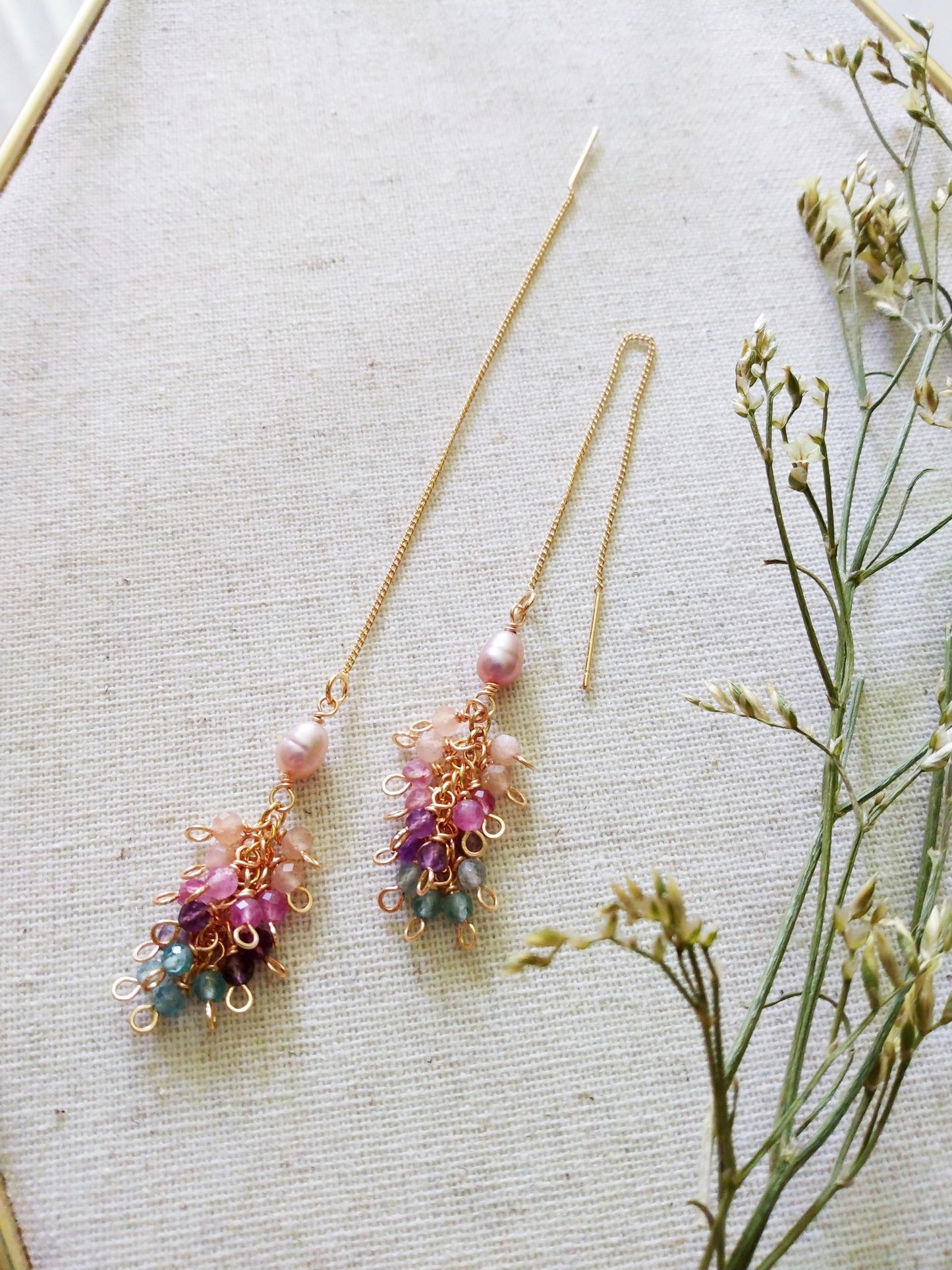 Adjustable Long Pearl Tourmaline Pink Opal Apatite Amethyst Gold Filled Earrings E140166
