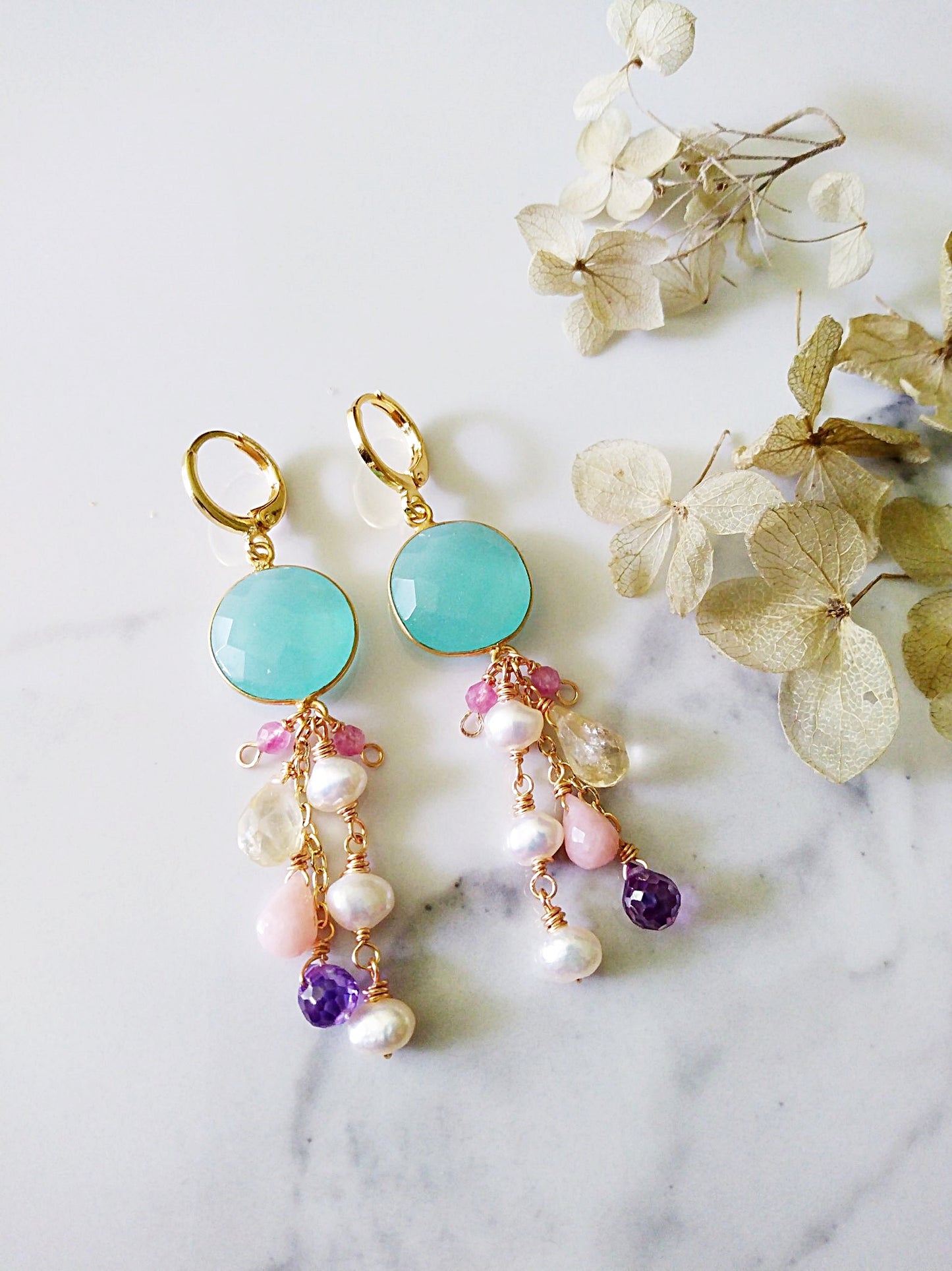 Blue Chalcedony Baroque Pearl Pink Opal Amethyst Tourmaline Gold Filled Earrings E140171