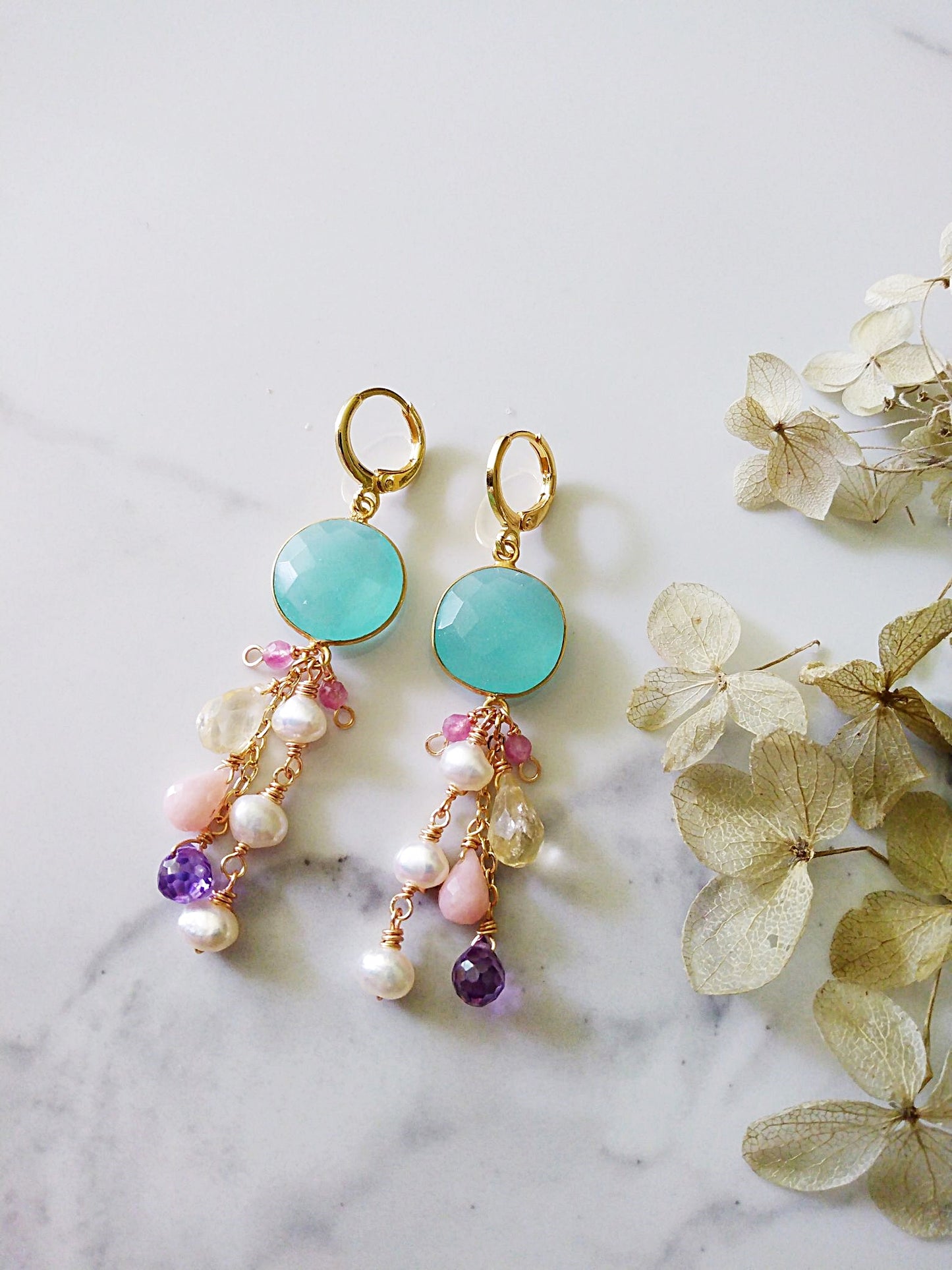 Blue Chalcedony Baroque Pearl Pink Opal Amethyst Tourmaline Gold Filled Earrings E140171