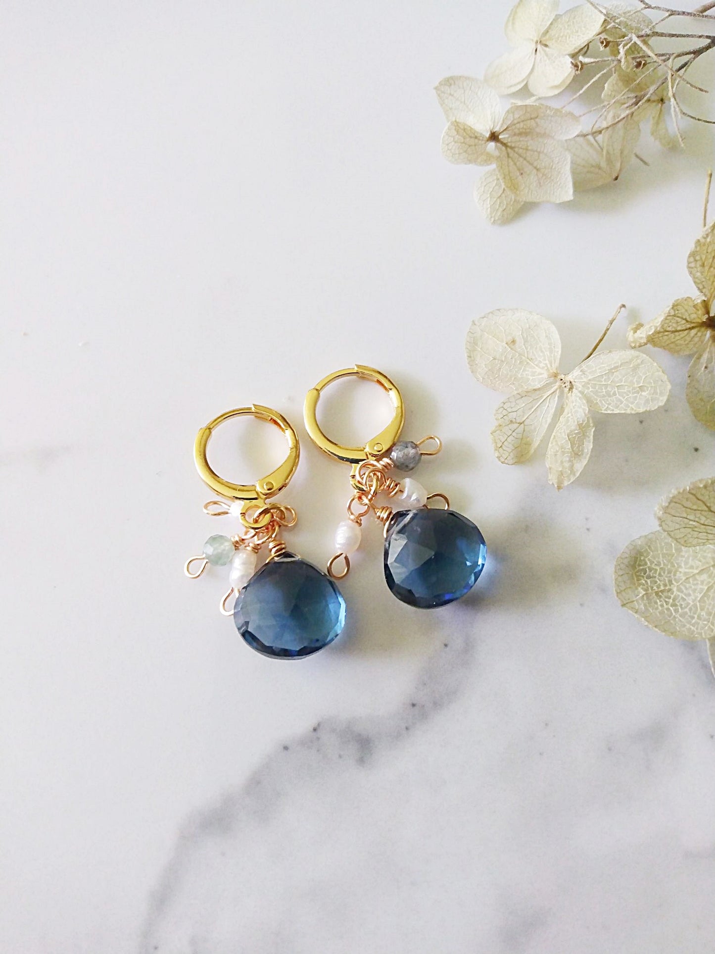 London Blue Topaz Semi Precious Gemstone Pearl Gold Filled Huggie Earrings E140169