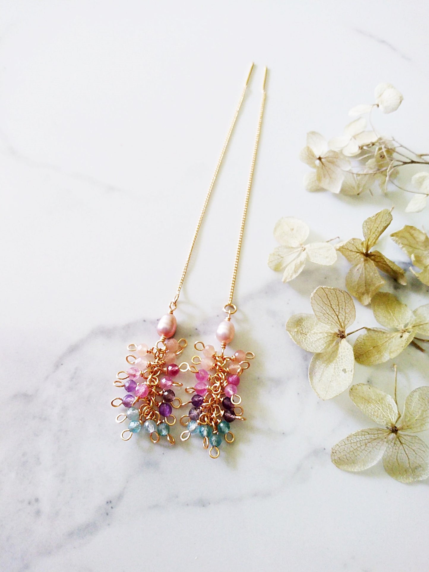 Adjustable Long Pearl Tourmaline Pink Opal Apatite Amethyst Gold Filled Earrings E140166