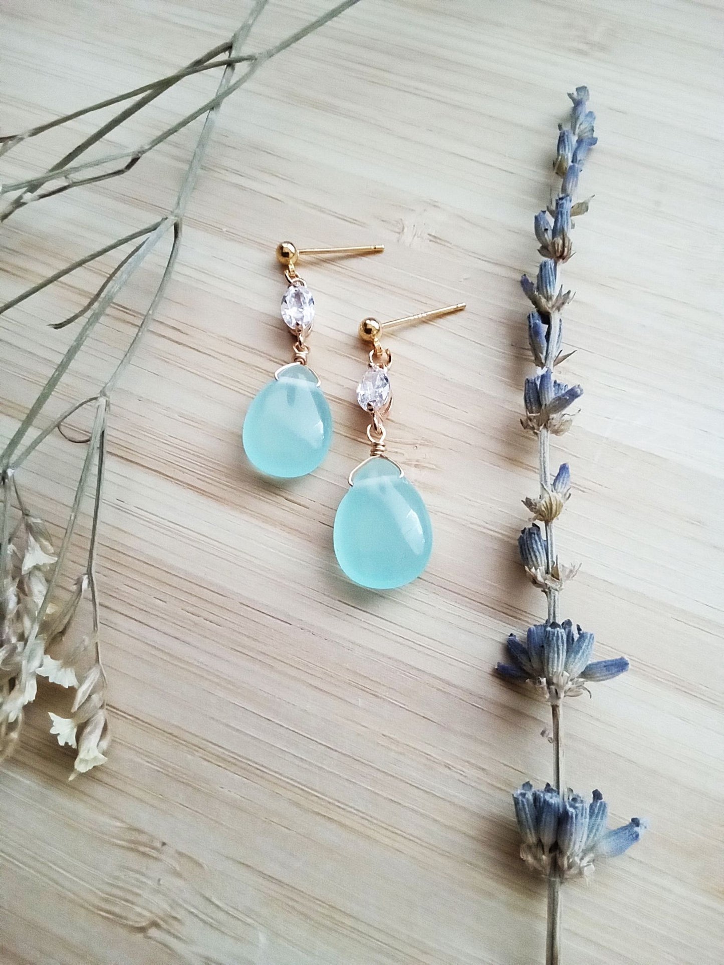 Nautical Theme Wedding Sea Foam Blue Chalcedony Gold Earrings E140176
