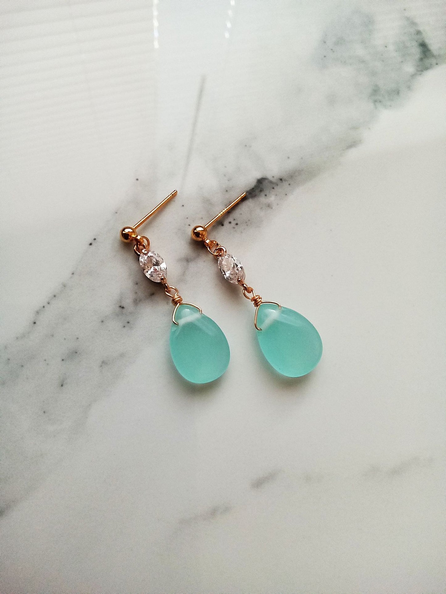 Nautical Theme Wedding Sea Foam Blue Chalcedony Gold Earrings E140176