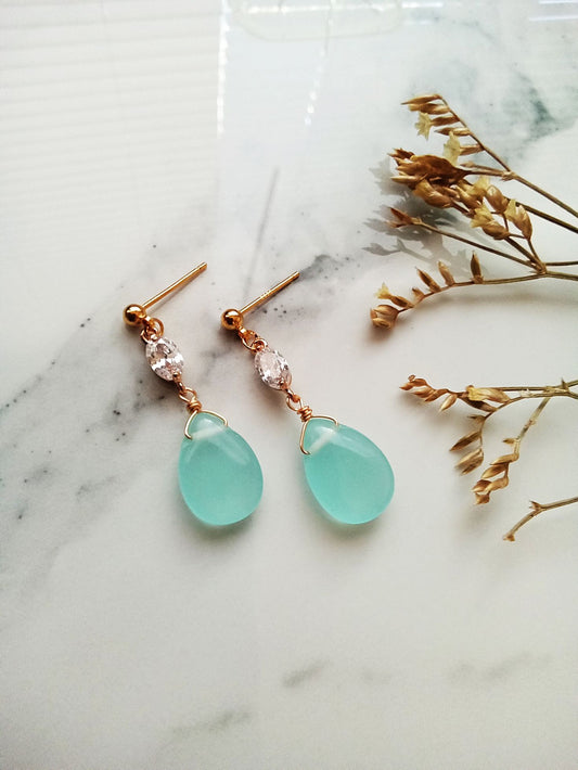 Nautical Theme Wedding Sea Foam Blue Chalcedony Gold Earrings E140176