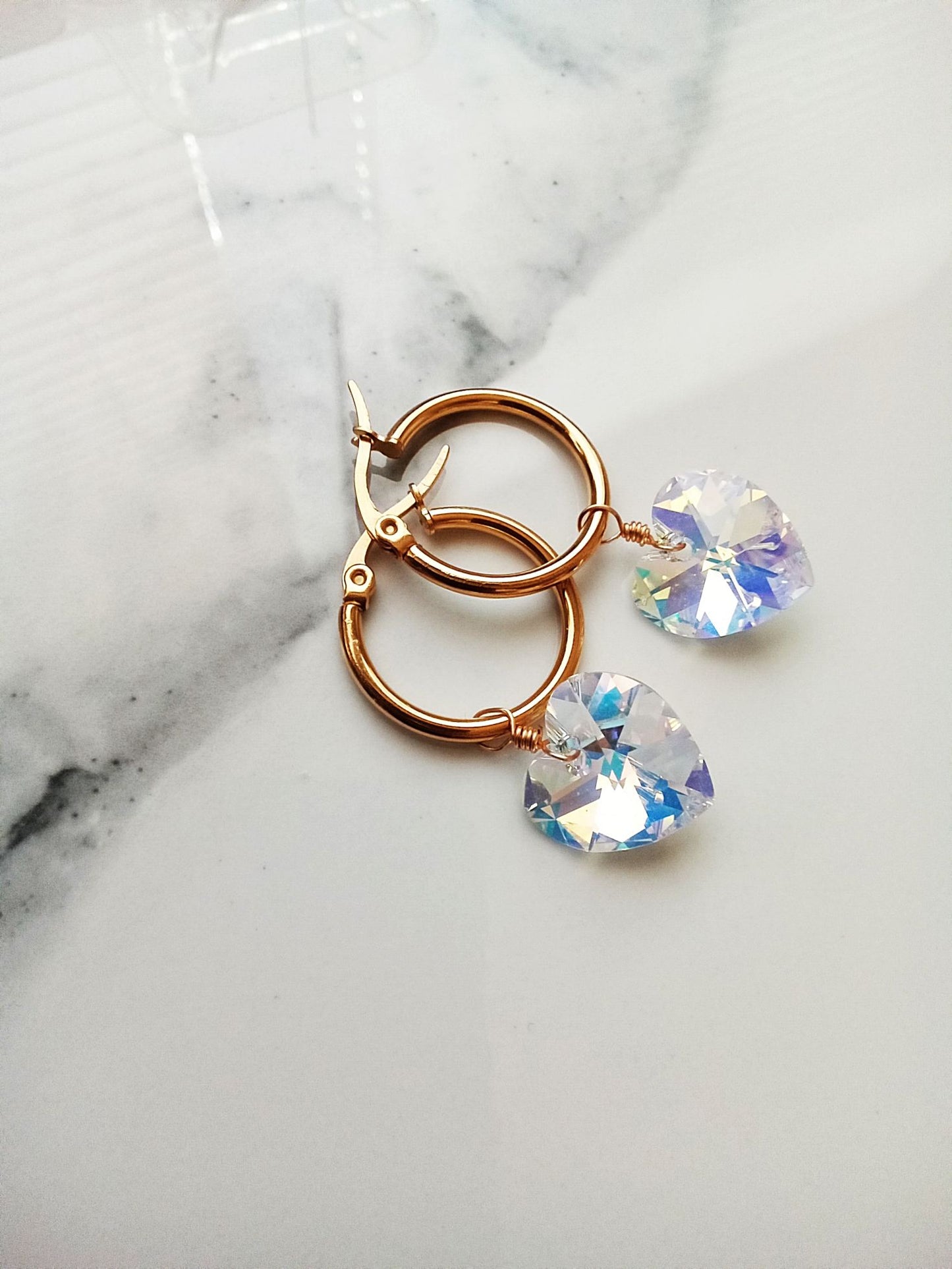 Bridesmaid Gift Austrian Crystal Heart Stainless Steel Gold Hoop Earrings E140188