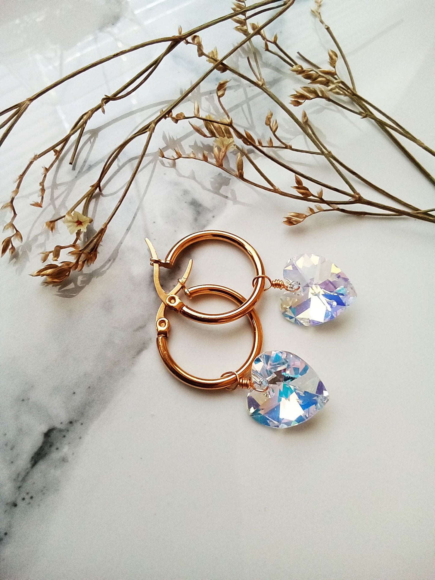 Bridesmaid Gift Austrian Crystal Heart Stainless Steel Gold Hoop Earrings E140188