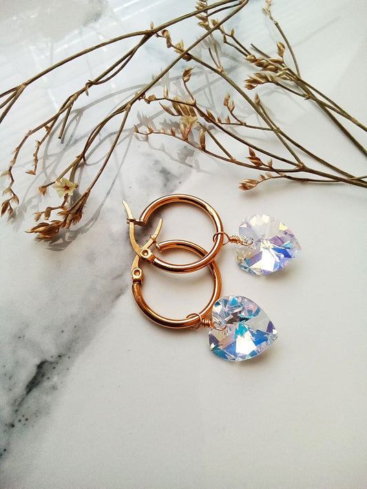 Bridesmaid Gift Austrian Crystal Heart Stainless Steel Gold Hoop Earrings E140188