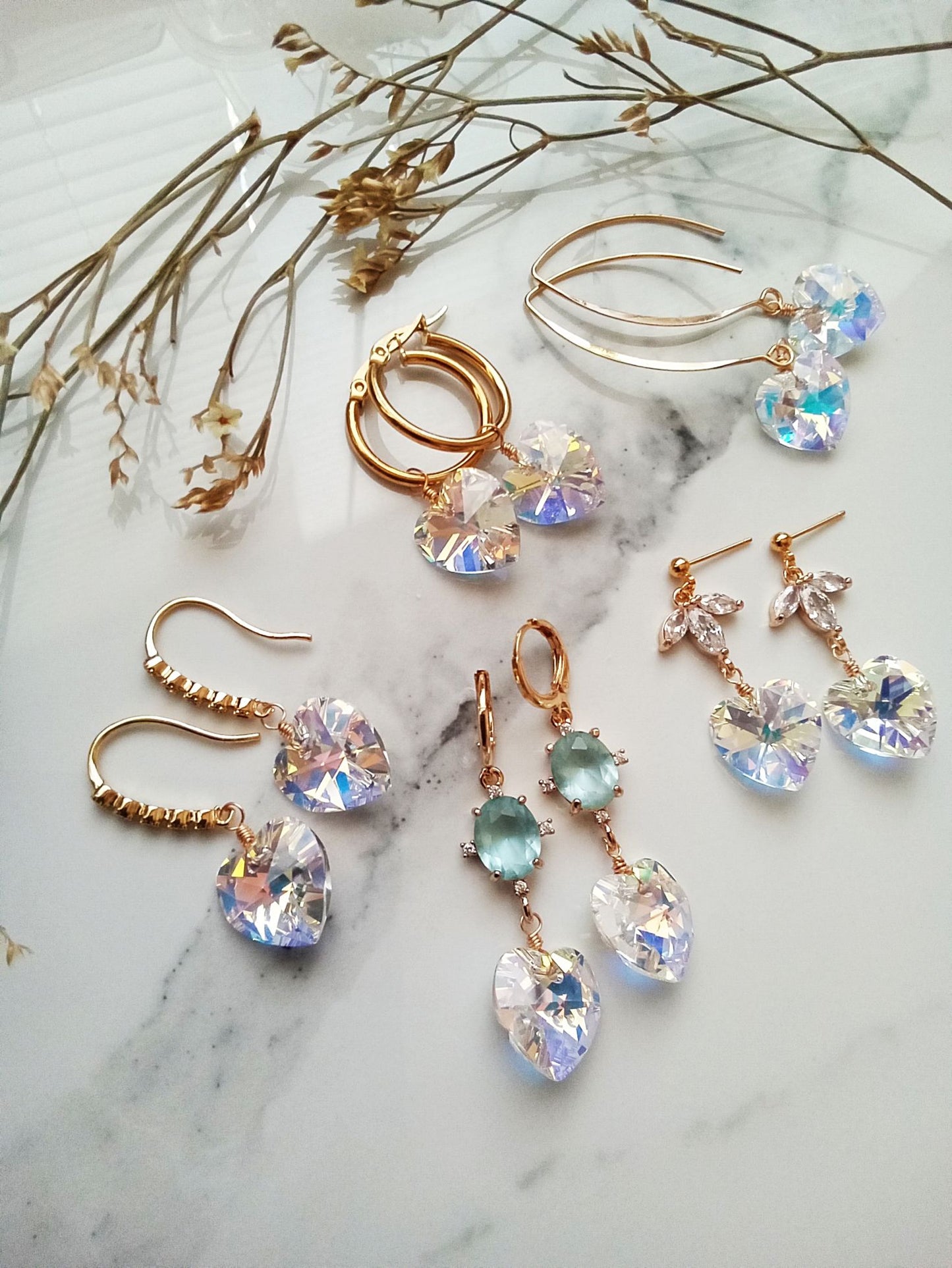 Long Heart Aurora Borealis Austrian Crystal Gold Dangle Earrings E140190