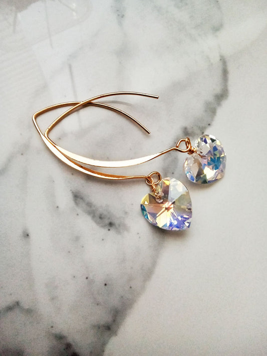 Long Heart Aurora Borealis Austrian Crystal Gold Dangle Earrings E140190
