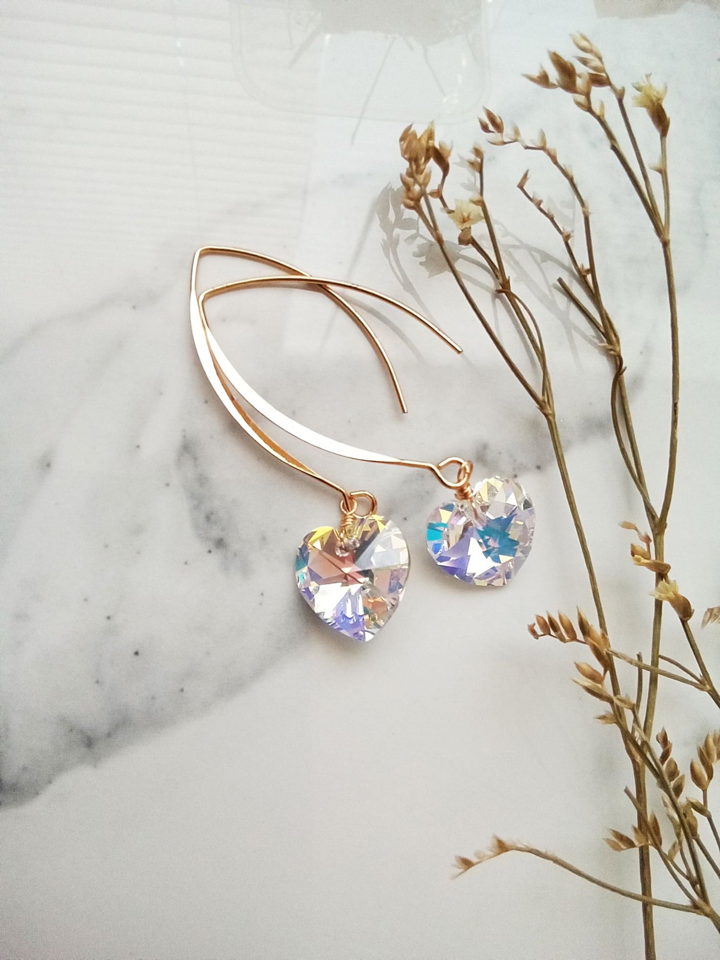 Long Heart Aurora Borealis Austrian Crystal Gold Dangle Earrings E140190