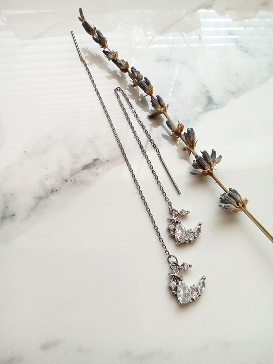 Adjustable Moon and Star Gold Rhodium Chain Earrings E140192