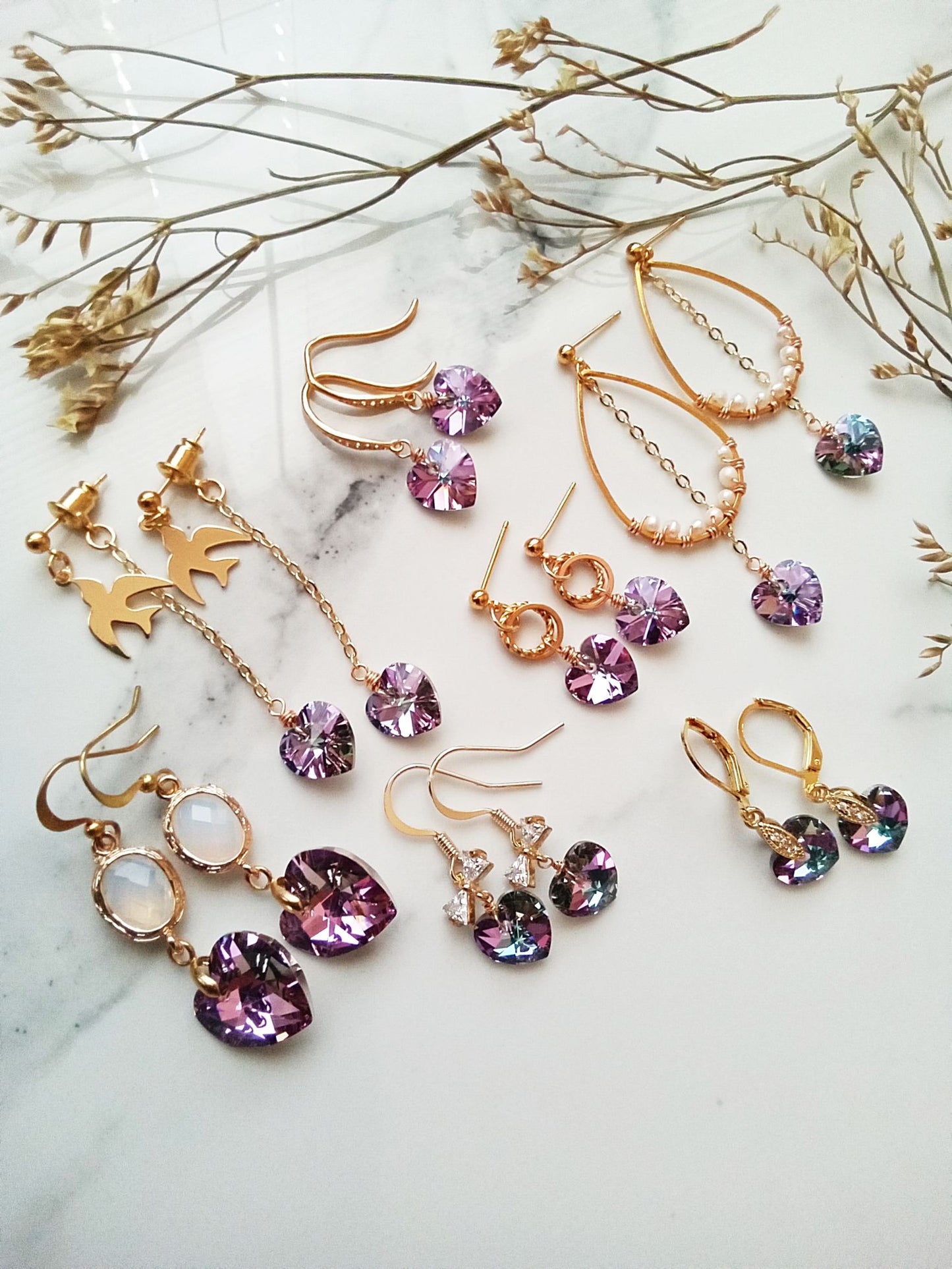 Austrian Crystal Heart and Bird Gold Earrings E140074