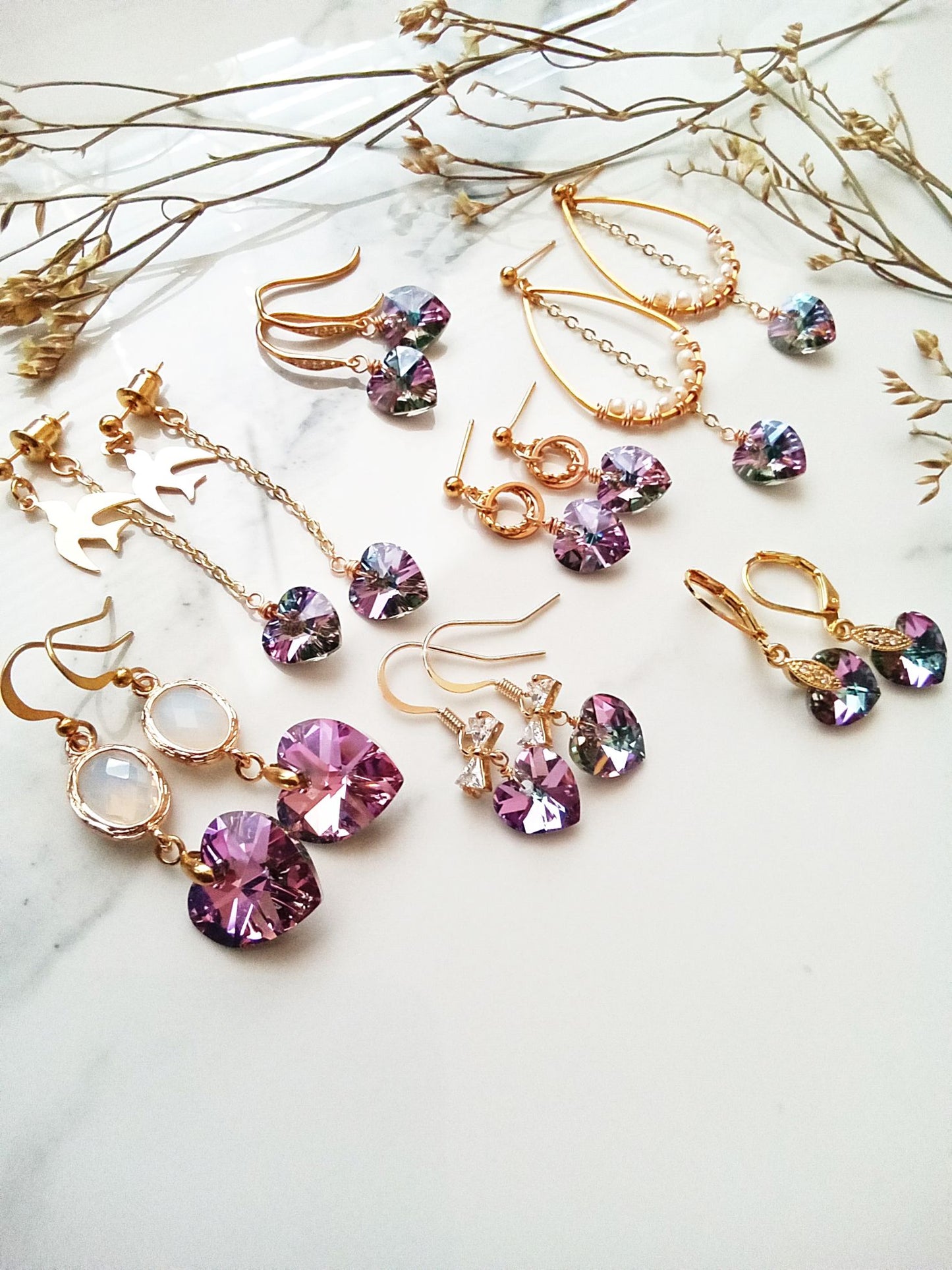 Austrian Crystal Heart and Bird Gold Earrings E140074