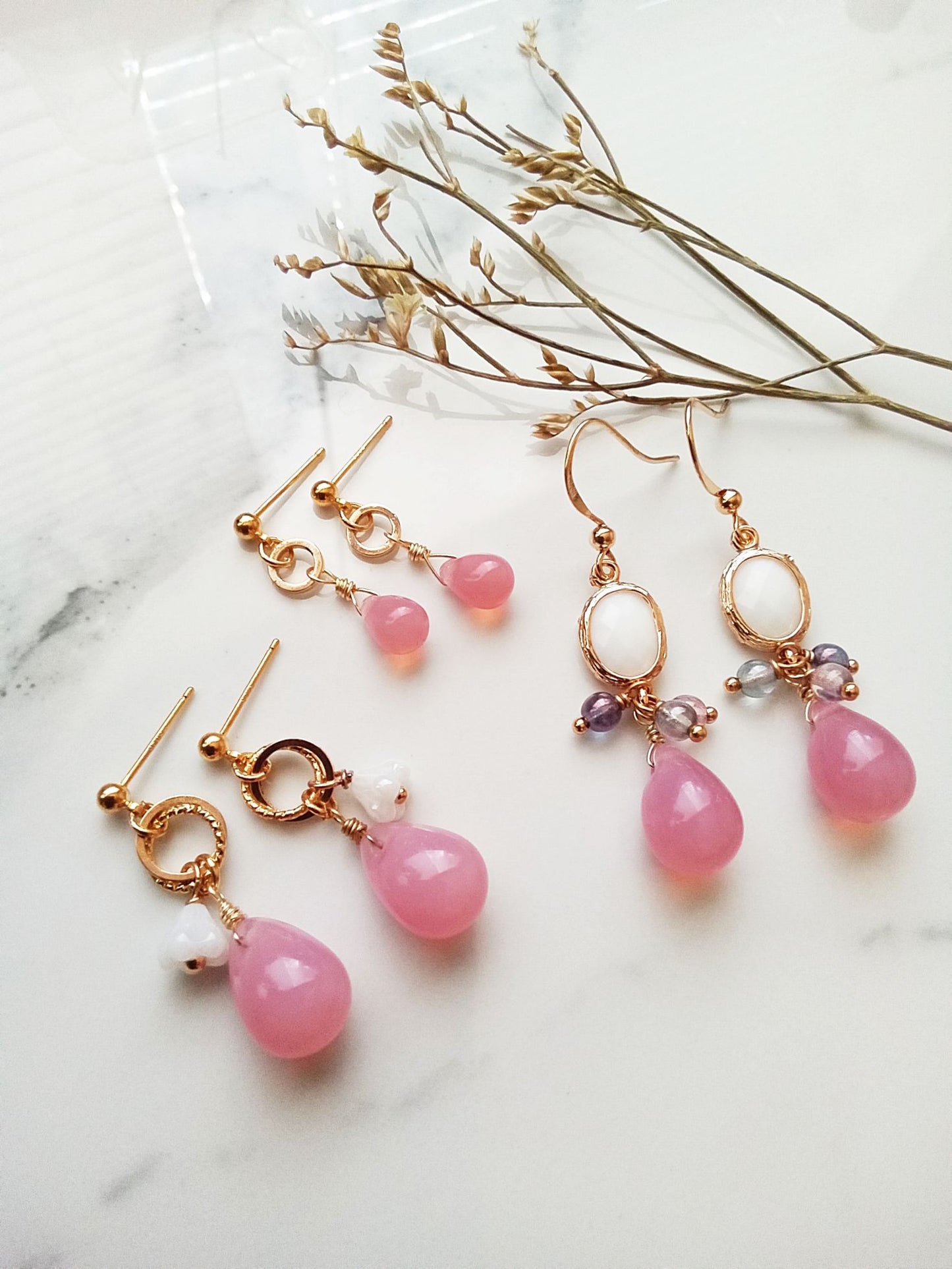 Sweet Pink Drop Czech Glass Teardrop Gold Filled Earrings E140037