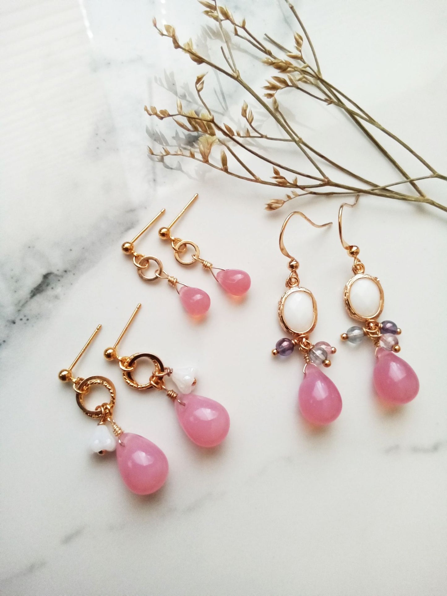 Delicate Juicy Pink Czech Glass Teardrop Gold Filled Earrings E140071