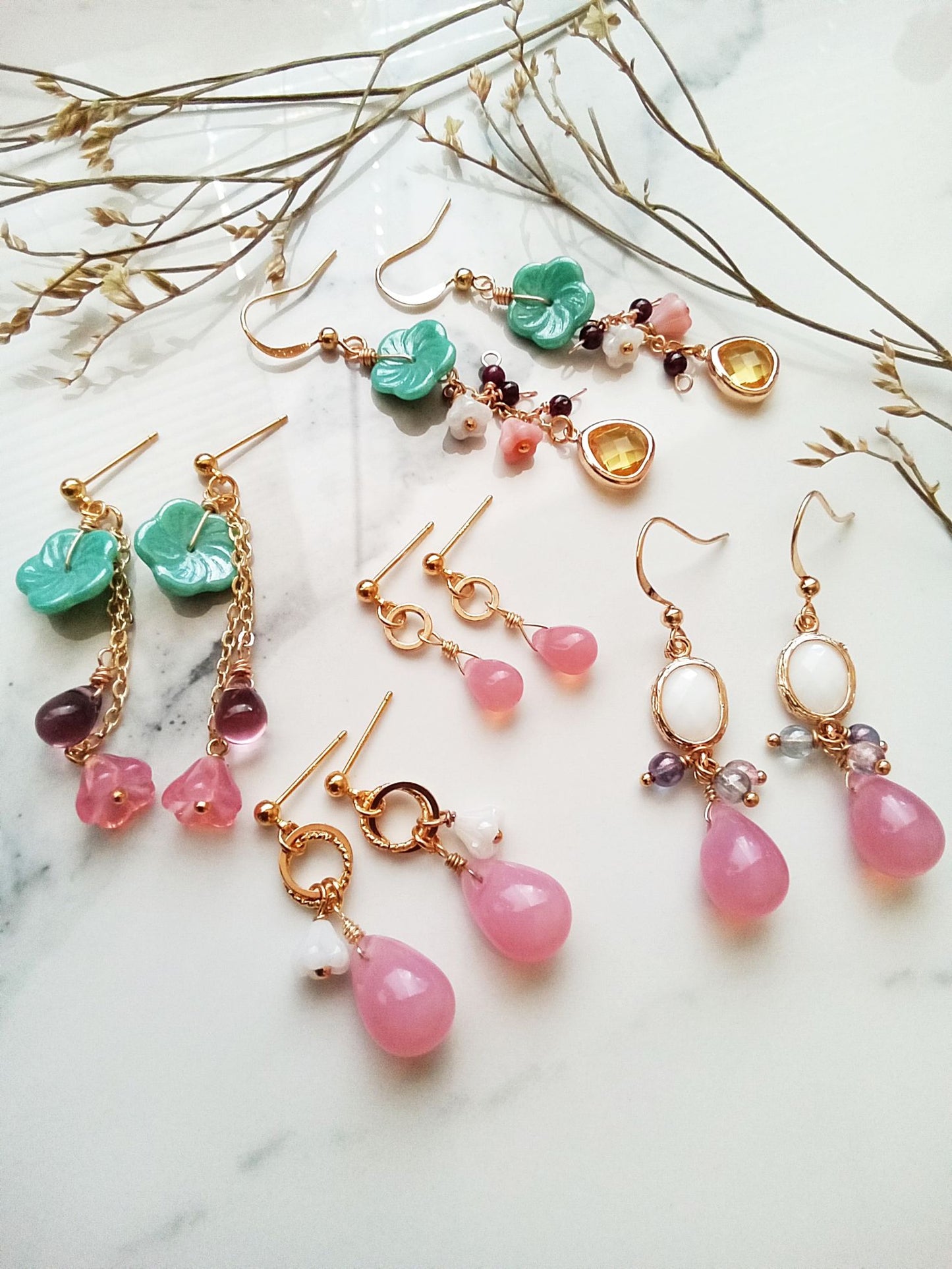 Delicate Juicy Pink Czech Glass Teardrop Gold Filled Earrings E140071