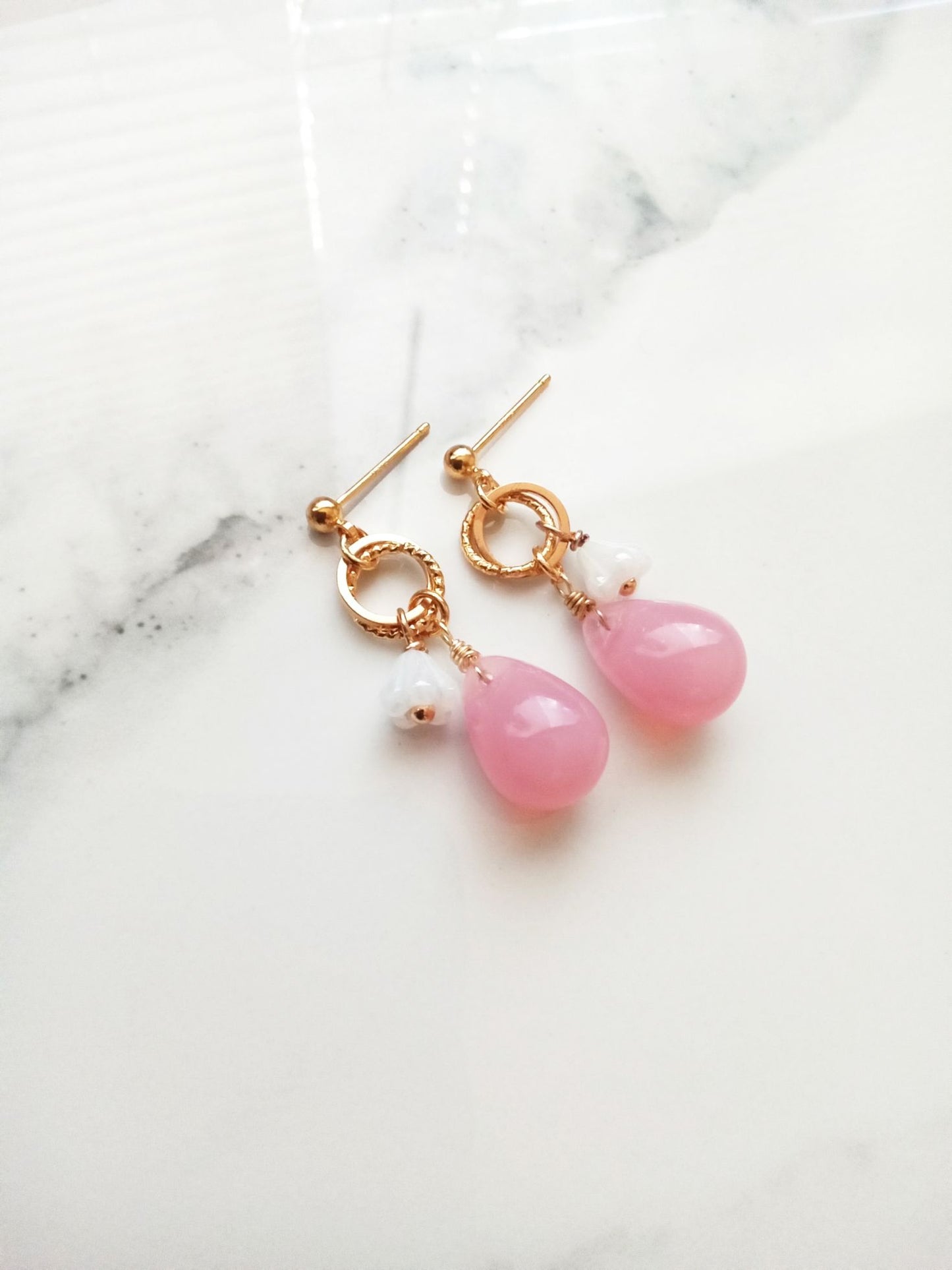 Sweet Pink Drop Czech Glass Teardrop Gold Filled Earrings E140037