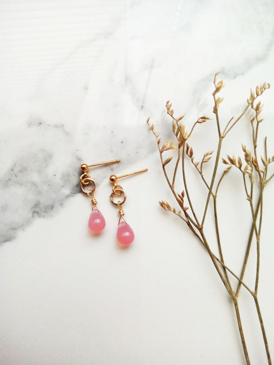 Delicate Juicy Pink Czech Glass Teardrop Gold Filled Earrings E140071