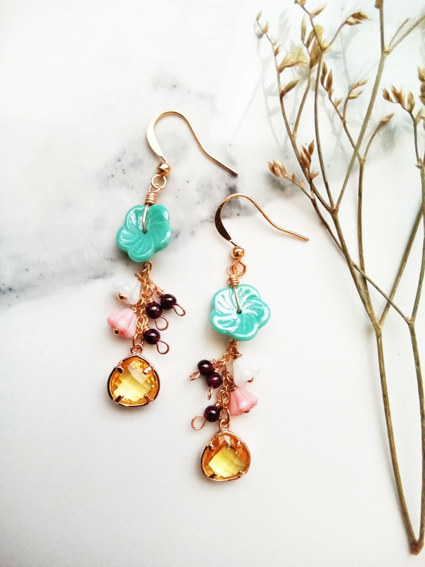 Rustic Czech Glass Flower Gold Filled Earrings E140078