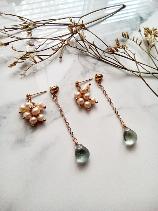 Unique Blue Fluorite Gemstone Pearl Cluster Gold Earrings E140131