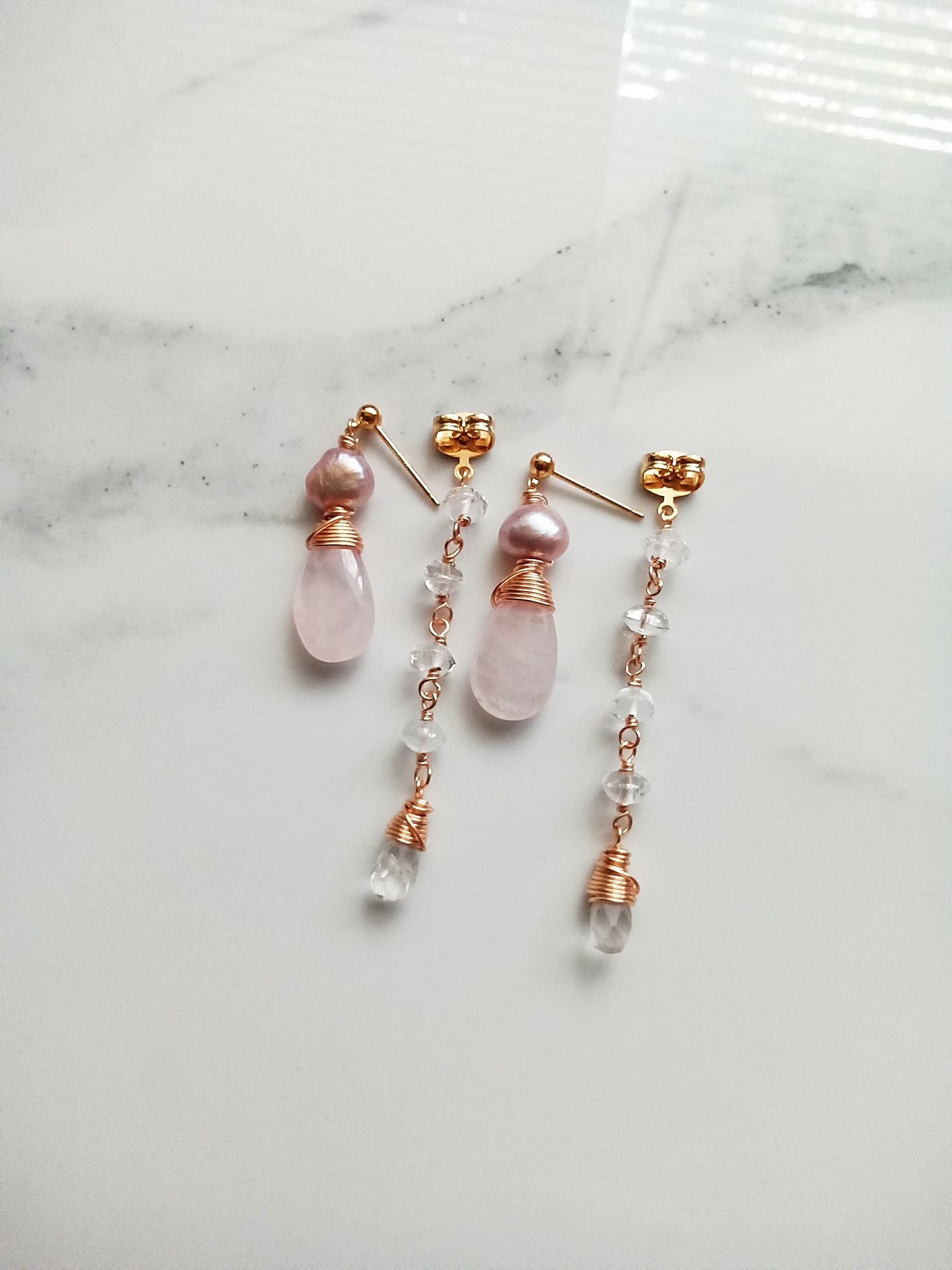 Two Ways Rose Quartz Dangle Gold Filled Earrings E140147