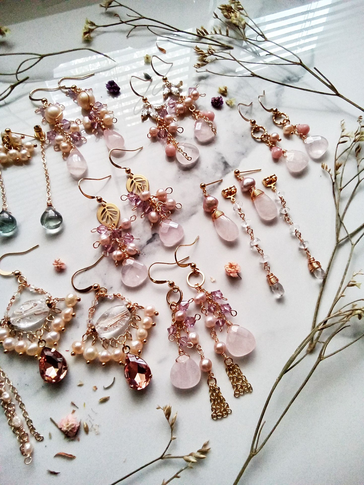 Two Ways Rose Quartz Dangle Gold Filled Earrings E140147