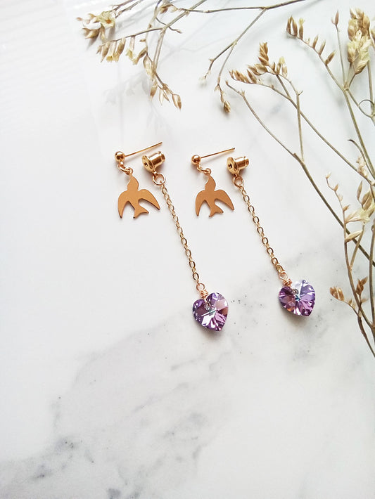 Austrian Crystal Heart and Bird Gold Earrings E140074