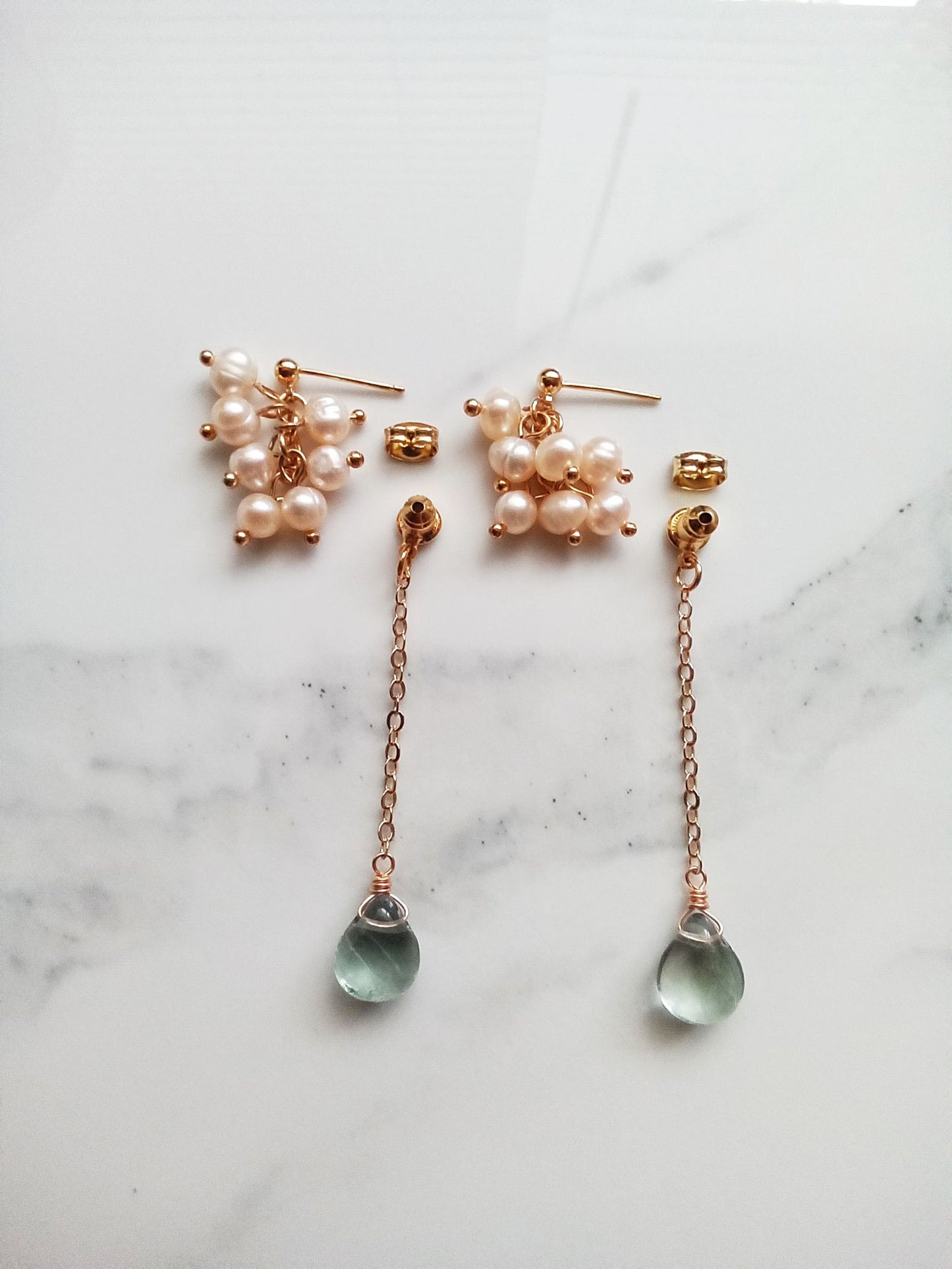 Unique Blue Fluorite Gemstone Pearl Cluster Gold Earrings E140131