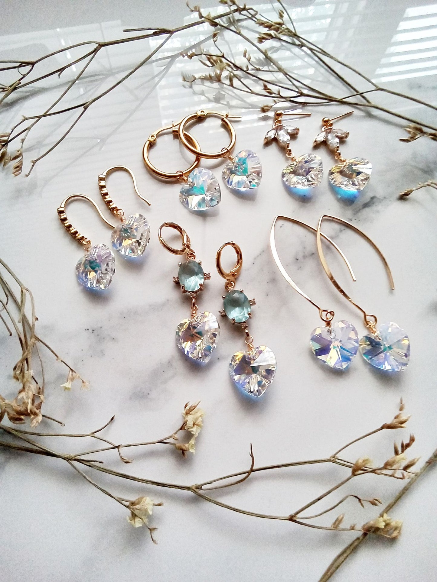Bridal Jewelry Flower and Heart Crystal Gold Earrings E140189