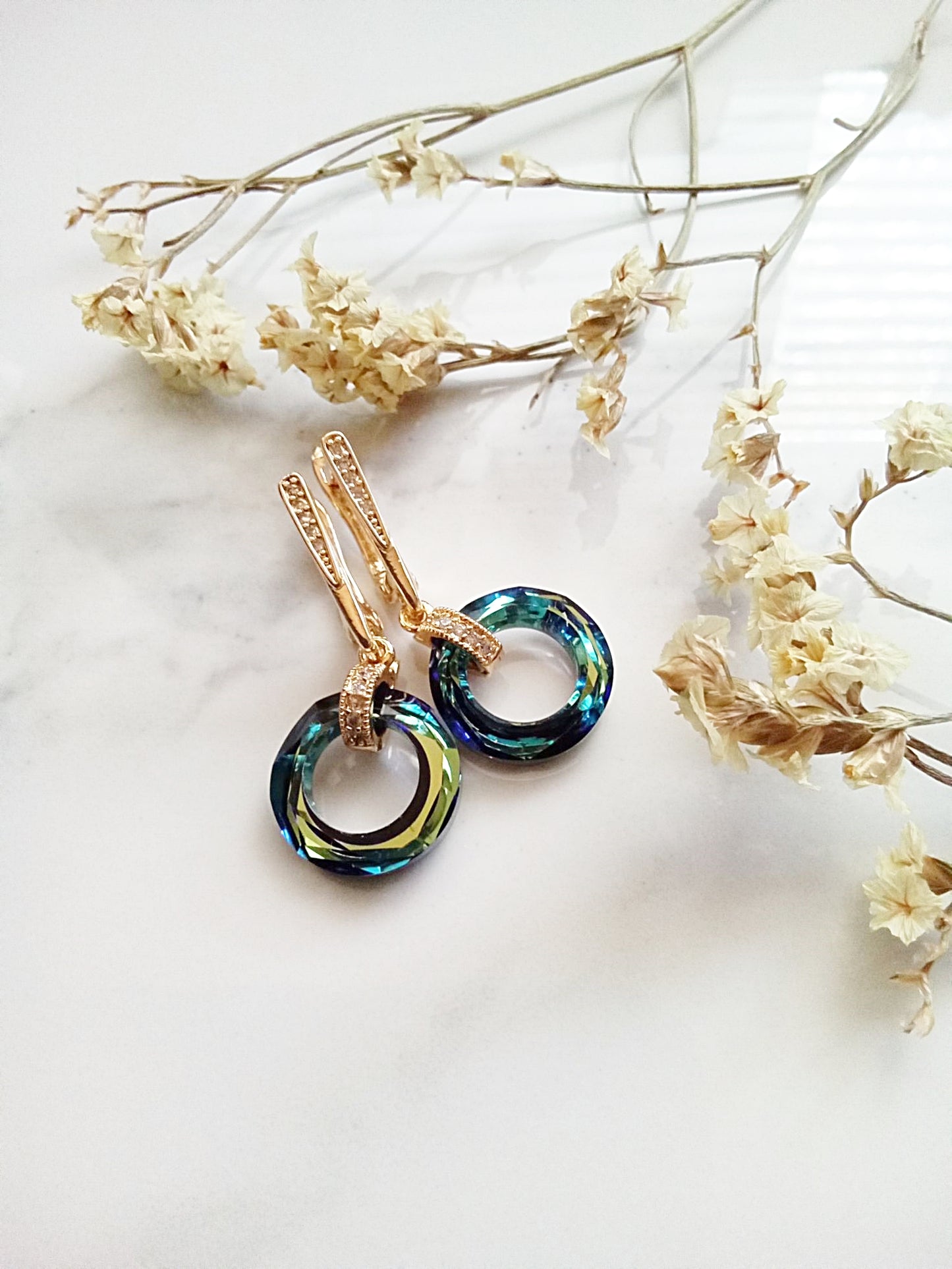 Something Blue Austrian Bermuda Blue Crystal Gold Lever back Earrings E140193