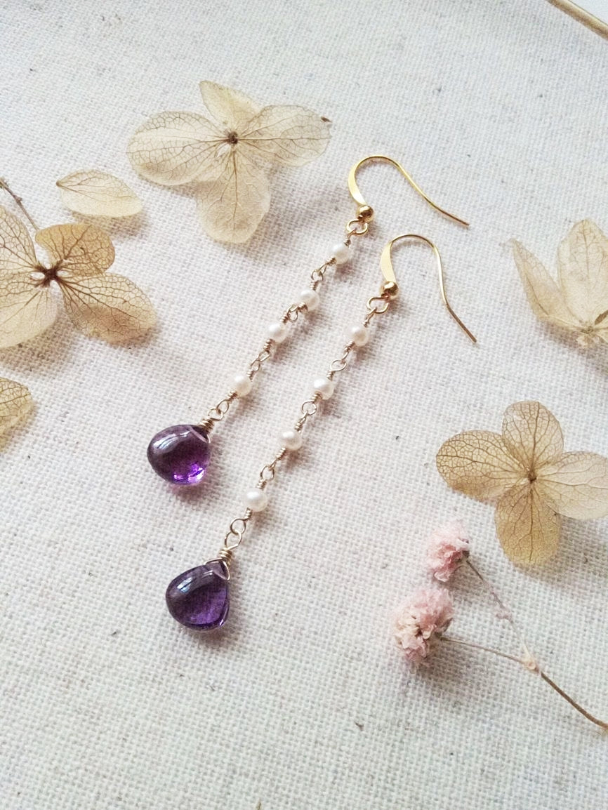 Amethyst and Freshwater Long Dangle Gold Filled Earrings E140004