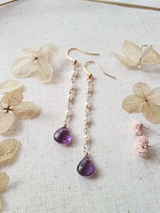 Amethyst and Freshwater Long Dangle Gold Filled Earrings E140004