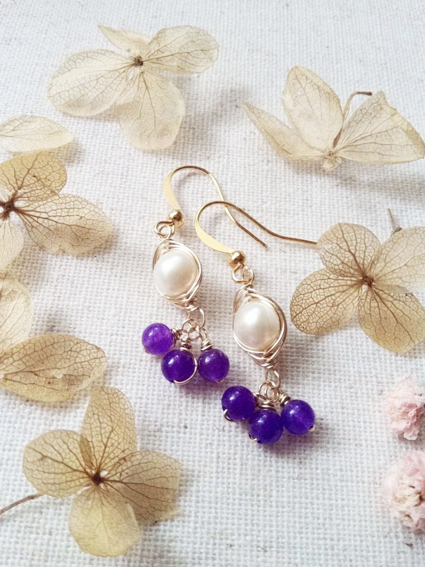 Freshwater Pearl and Amethyst Dangle Gold Filled Earrings E140005
