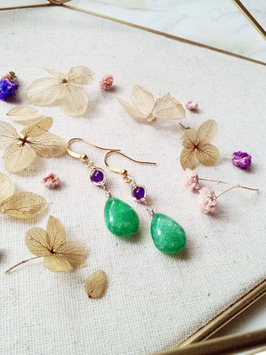 Green Onyx and Purple Amethyst Gold Filled Earrings E140010