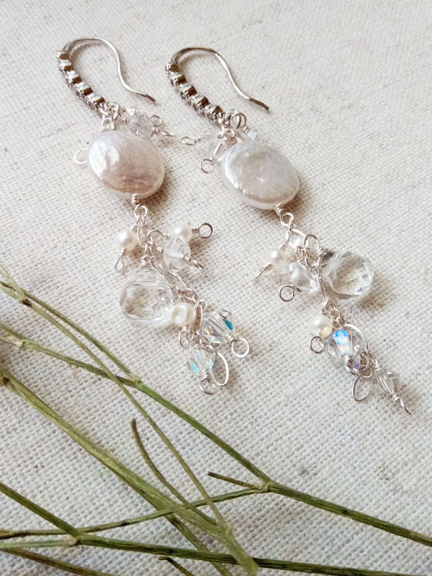 Long White Baroque Pearl Coin Cluster Silver Earrings E140100